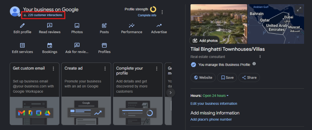 Tilal Binghatti Google Business Profile Dashboard (220 Customer Interactions)